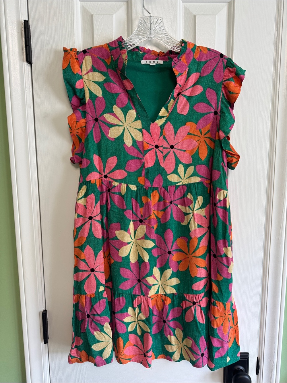 THML Green Floral Tiered Dress with Pink & Orange Blooms